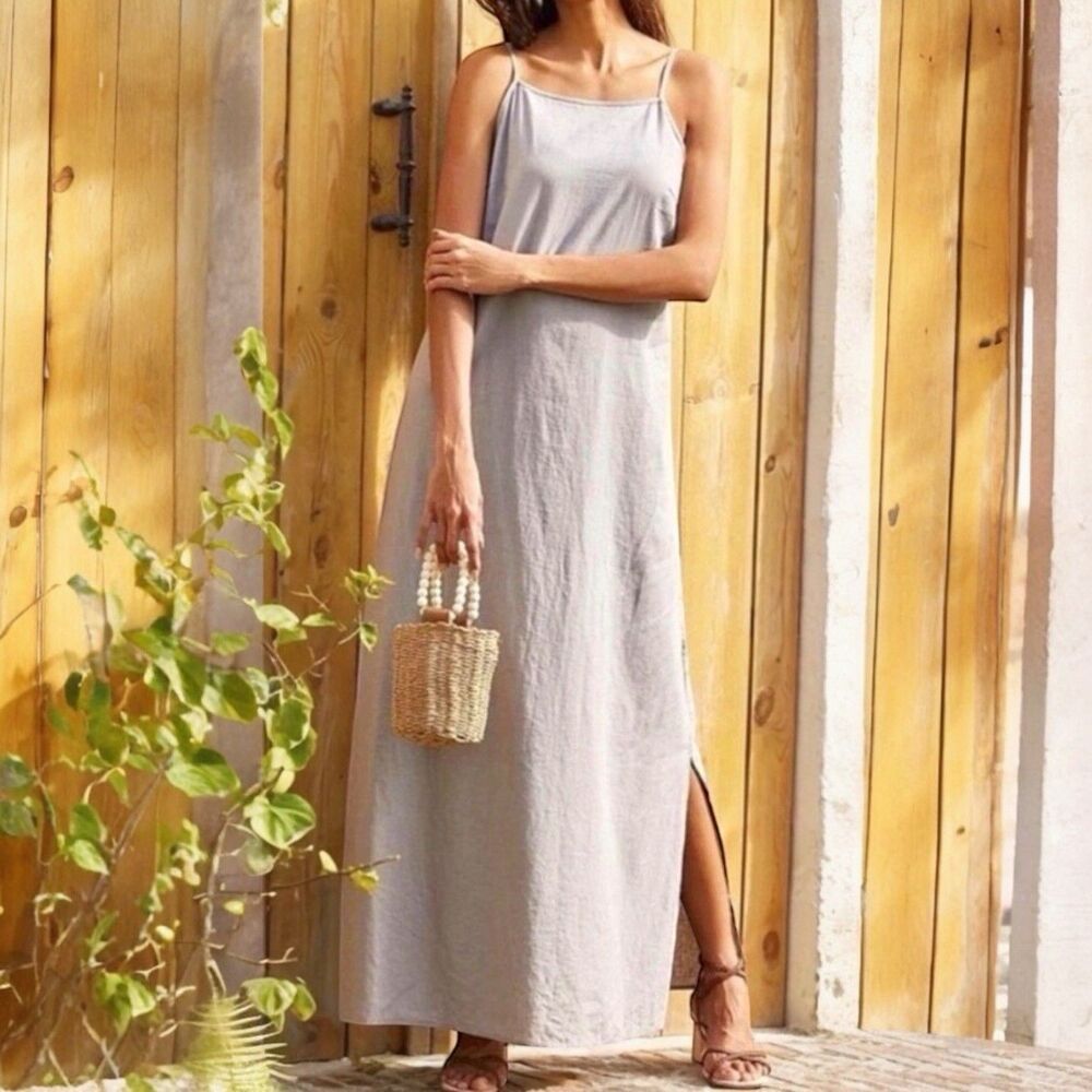 Laura Bianchi Linen Maxi Dress Womens M Beige Sleeveless High Neck Side Slits